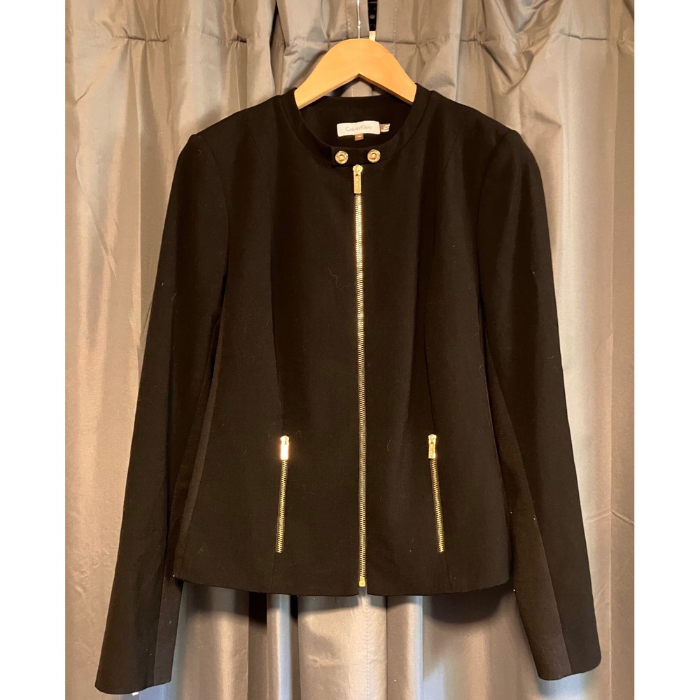 Calvin Klein Zip Front Jacket Womens 12 Black Gold Hardware Collarless Moto